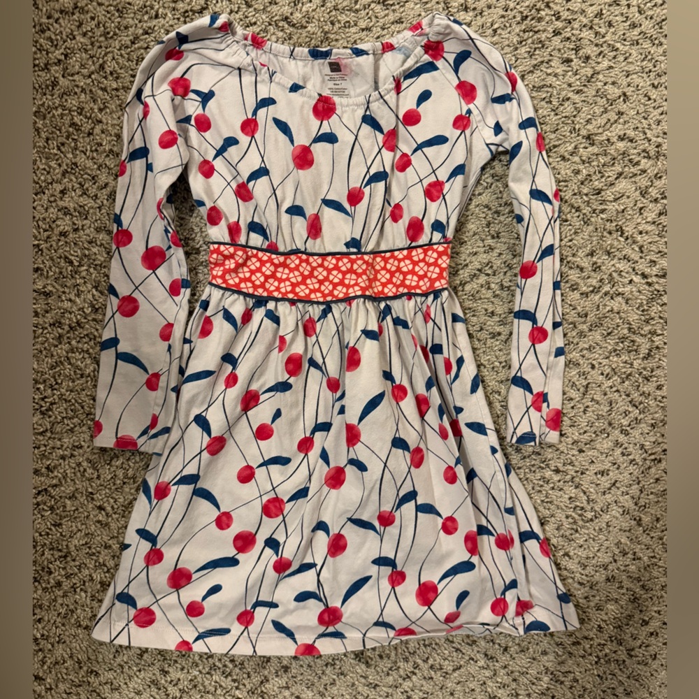 Tea Collection Cherry Print Banded Waist Girls Long Sleeve Knit Dress